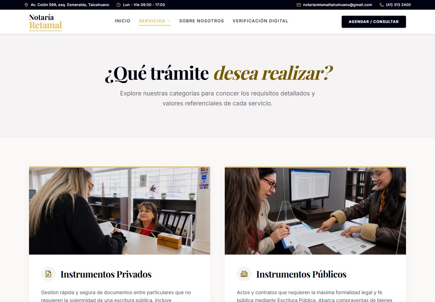 Captura del sitio web de la notaría: sección de servicios